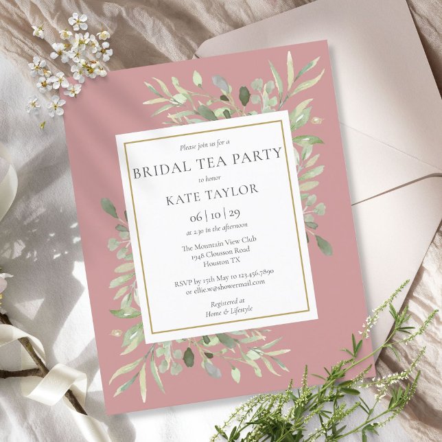 Lámina Invitación de té de boda con vegetación rosa polvo (Subido por el creador)