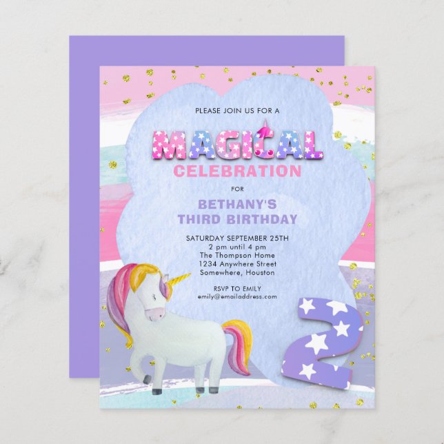 Lámina Invitación de tercer cumpleaños mágica de unicorni (Anverso / Reverso)