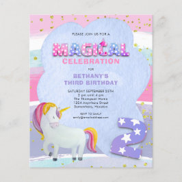 Lámina Invitación de tercer cumpleaños mágica de unicorni