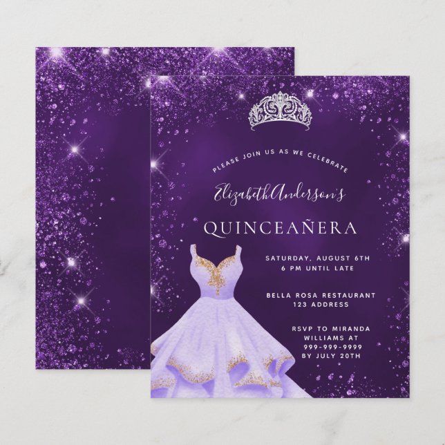 Lámina Invitación de tiara a purpurina púrpura Quinceaner (Anverso / Reverso)