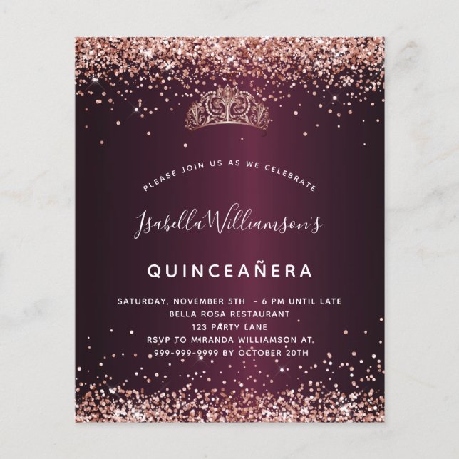 Lámina Invitación de tiara de oro de rosa de Quinceanera  (Anverso)