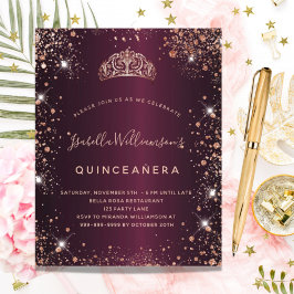 Lámina Invitación de tiara de oro de rosa de Quinceanera 