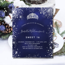 Invitación de tiara de plata azul Sweet 16