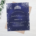 Lámina Invitación de tiara de plata azul Sweet 16<br><div class="desc">Para un elegante dulce 16,  16 cumpleaños. El color azul del fondo es irregular. Decorada con un polvo falso purpurina de plata y una tiara,  corona. Personalice y agregue un nombre,  edad y detalles del fiesta. El nombre se escribe con un guión de estilo con letras a mano</div>