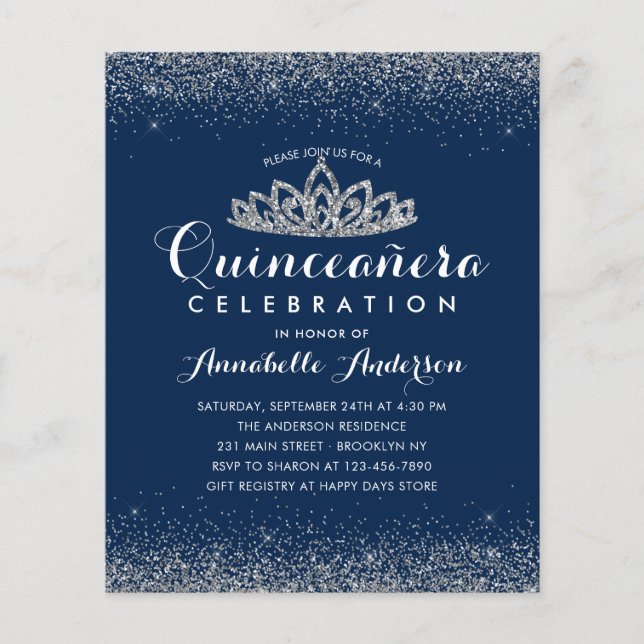 Lámina Invitación de Tiara de Quinceañera Plata Azul Real (Anverso)