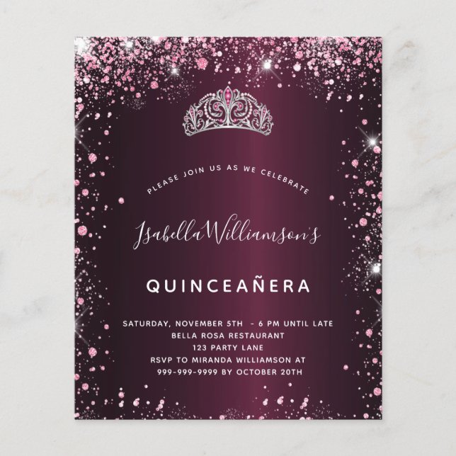 Lámina Invitación de tiara purpurina rosa burgundy de Qui (Anverso)