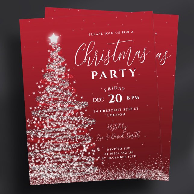 Lámina Invitación de vacaciones rojas de plata en árbol d (Budget Christmas Tree Silver Red Holiday Invite )