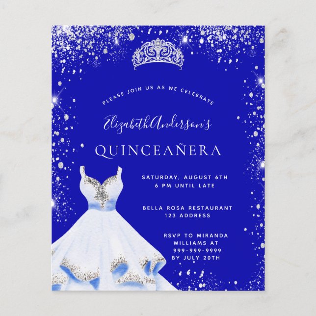 Lámina Invitación de vestir azul real Quinceanera (Anverso)