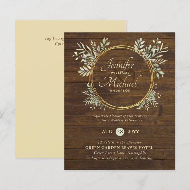 Lámina Invitación de Wreath Wedding a la ecología del oro (Anverso / Reverso)