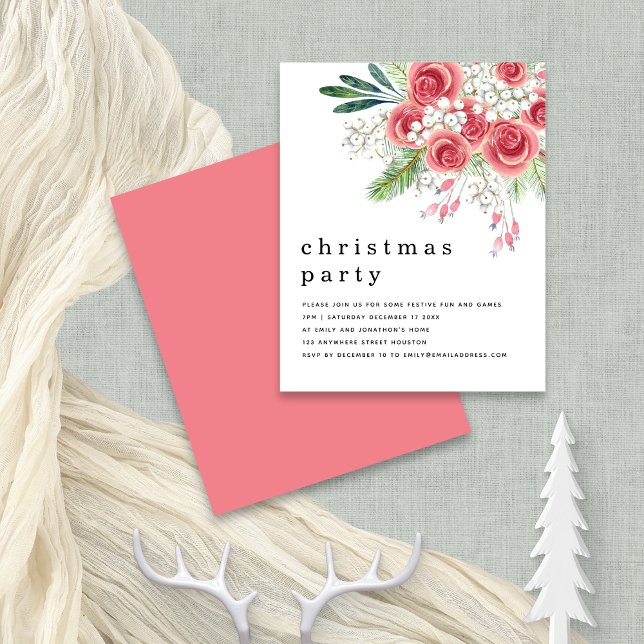 Lámina Invitación del Fiesta de Navidades de Budget Pink  (Front and back view, budget price smaller 4.5 x 5.6" alternative)