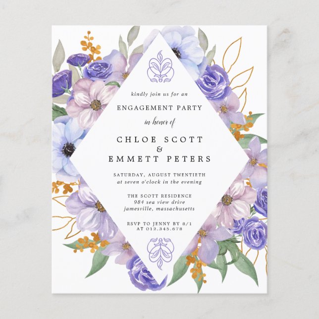 Lámina Invitación del partido de compromiso floral púrpur (Anverso)