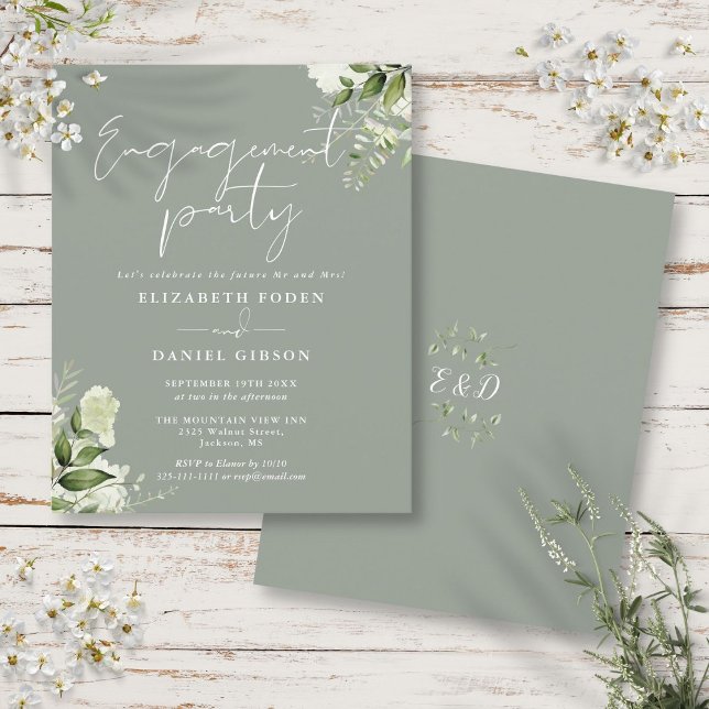 Lámina Invitación del Partido de Compromiso Verde de Salt (Budget Floral Sage Green Engagement Party Invite)