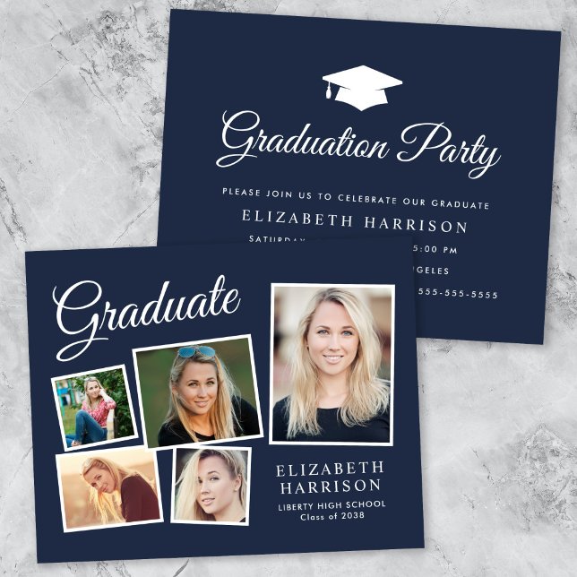 Lámina Invitación del partido de graduación azul del pres (A personalized photo graduation party invitation to celebrate the graduate's achievements)