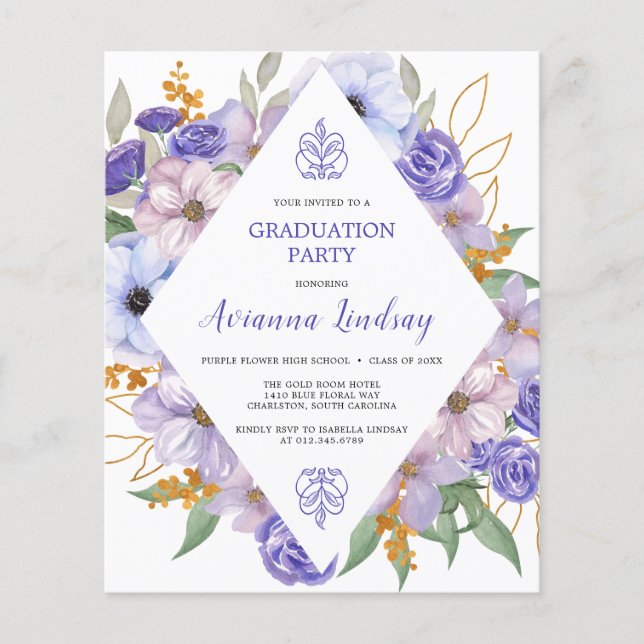 Lámina Invitación del partido de graduación floral púrpur (Anverso)