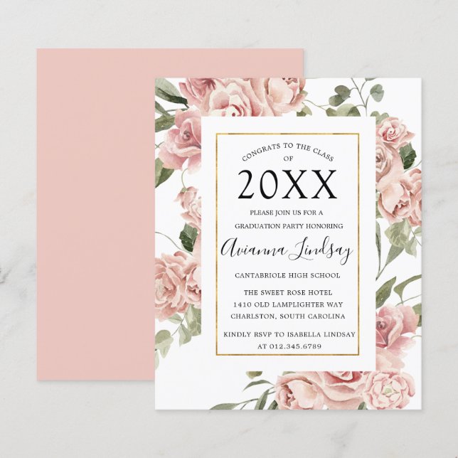 Lámina Invitación del partido de graduación floral rosada (Anverso / Reverso)