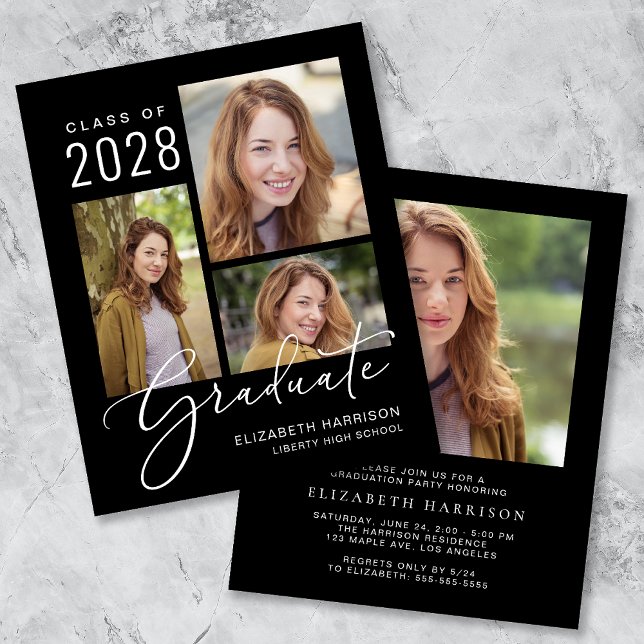 Lámina Invitación del Partido de Graduación Negra de Foto (A personalized photo graduation party invitation to celebrate the graduate's achievements)