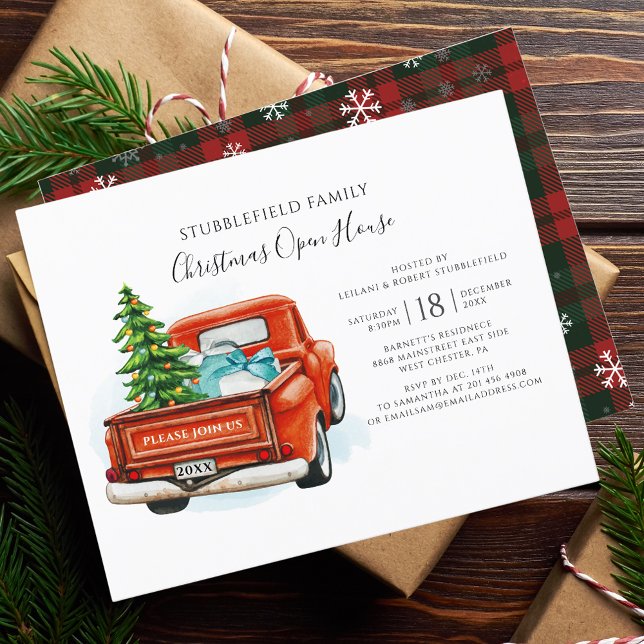 Lámina Invitación del partido de los Navidades de Camión  (Rustic Plaid Snowflakes Vintage Red Truck Christmas Party Invitation)