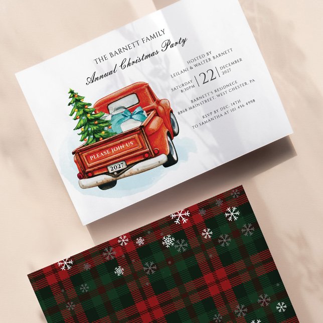 Lámina Invitación del partido de Navidades empresariales  (Snowflakes Plaid Red Green Check Christmas Party Invitation)