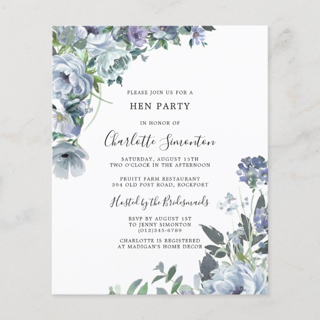 Lámina Invitación del Partido Hen Floral Azul Dusty de Pr (Anverso)