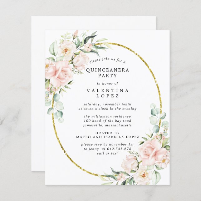 Lámina Invitación del partido Quinceanera floral rosa de  (Anverso / Reverso)