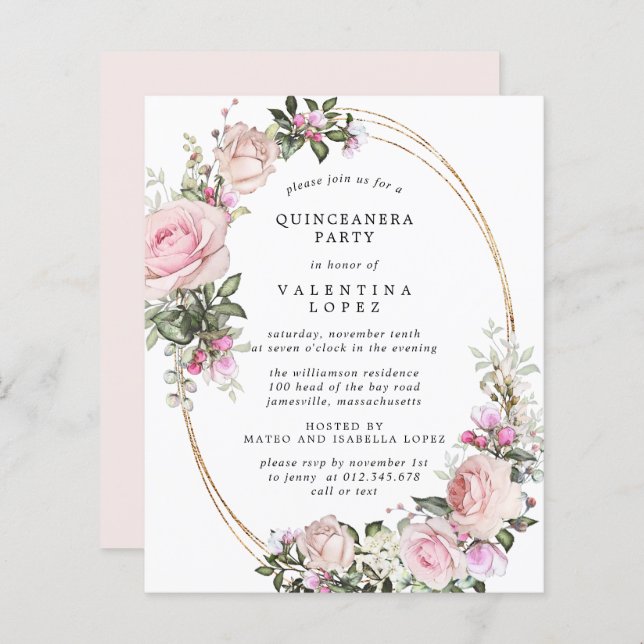 Lámina Invitación del partido Quinceanera floral rosa de  (Anverso / Reverso)