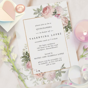 Lámina Invitación del partido Quinceanera floral rosa de 