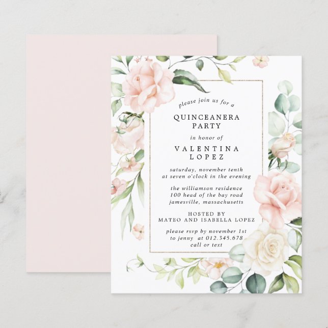 Lámina Invitación del partido Quinceanera floral rosa de  (Anverso / Reverso)