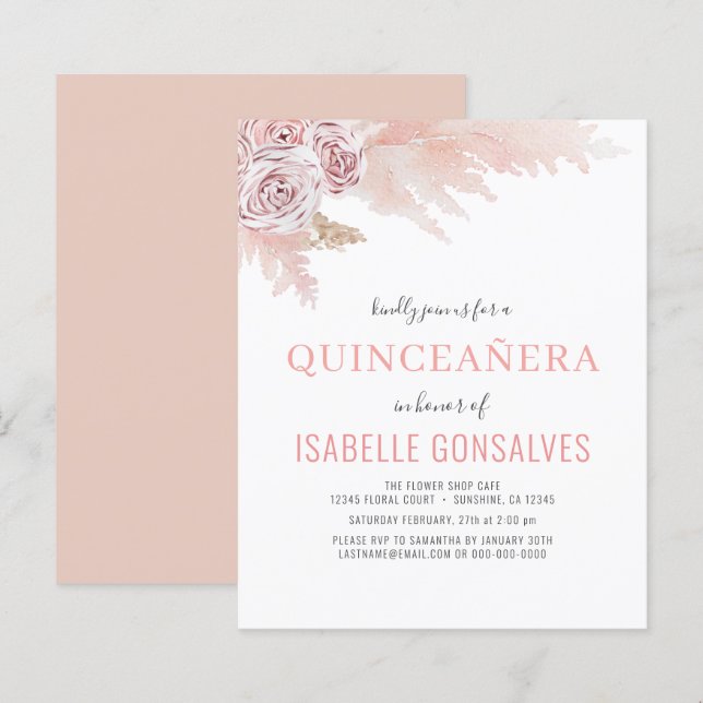 Lámina Invitación del partido Quinceañera Moda del Boho d (Anverso / Reverso)
