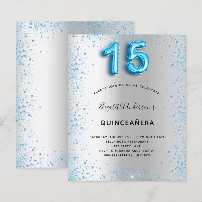 Lámina Invitación del purpurina azul plateado del presupu (Anverso / Reverso)