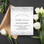 Lámina Invitación del purpurina blanco de plata para cump<br><div class="desc">Para una elegante fiesta de cumpleaños número 40 (o cualquier edad). Un elegante fondo blanco. Decorado con un falso purpurina de plata. Personalice y agregue un nombre y detalles del fiesta. El nombre está escrito con un guión de estilo con letras a mano Back: falso fondo plateado y falso purpurina....</div>