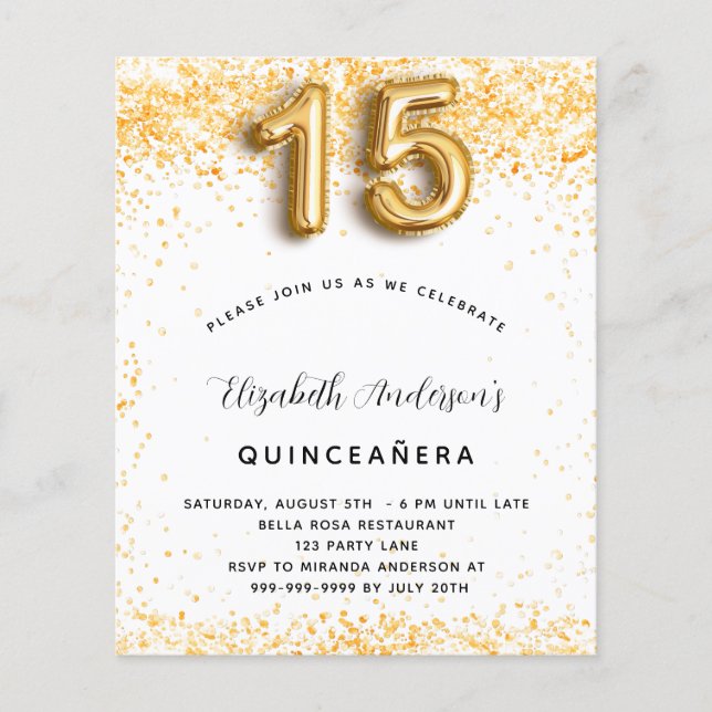 Lámina Invitación del purpurina de oro blanco Quinceanera (Anverso)