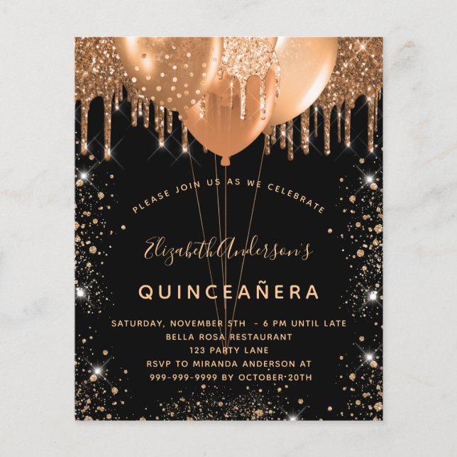 Lámina Invitación del purpurina de oro negro Quinceanera (Anverso)