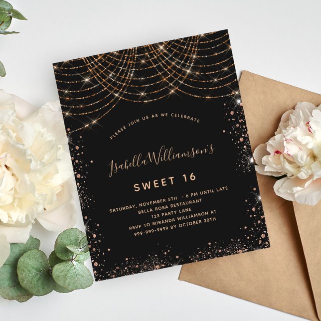 Lámina Invitación del purpurina de oro negro Sweet 16 (Subido por el creador)