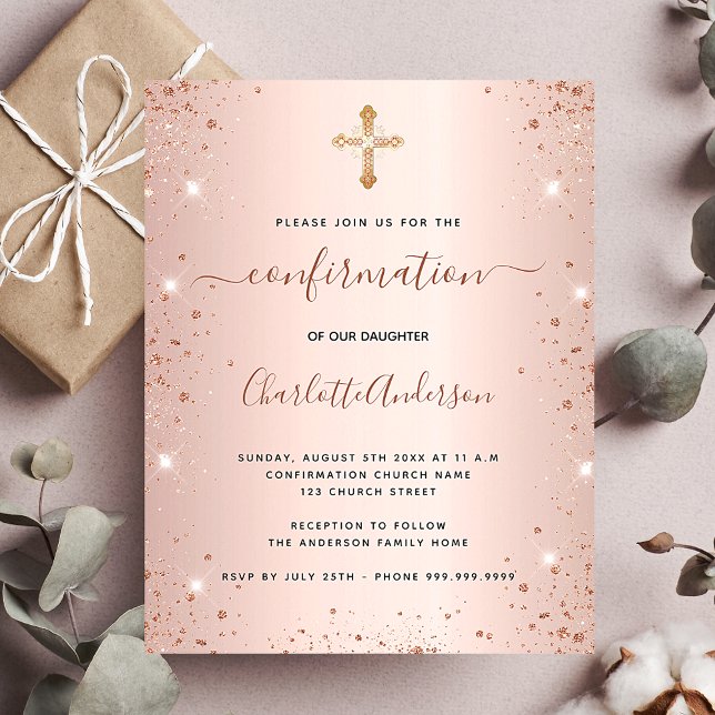 Lámina Invitación del purpurina de oro rosa de confirmaci (Subido por el creador)