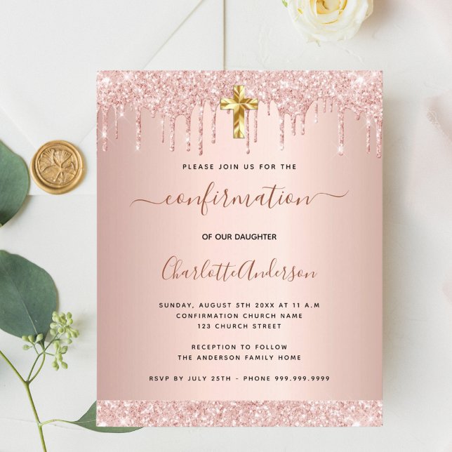 Lámina Invitación del purpurina de oro rosa de confirmaci (Subido por el creador)