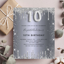Invitación del purpurina de plata para 10 cumpleañ