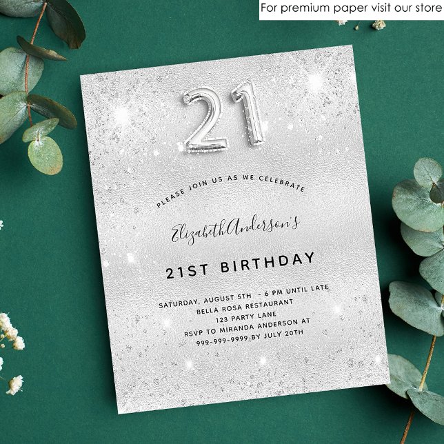 Lámina Invitación del purpurina de plata para 21 cumpleañ (Subido por el creador)