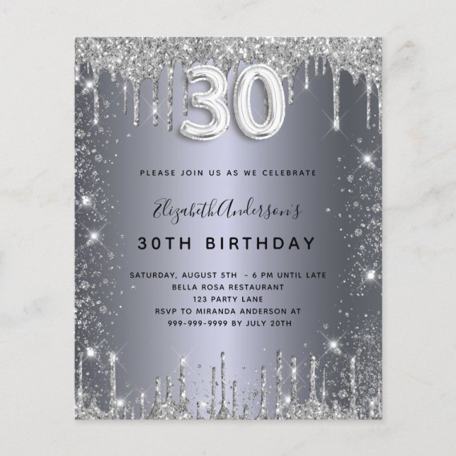 Lámina Invitación del purpurina de plata para 30 cumpleañ (Anverso)