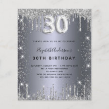 Invitación del purpurina de plata para 30 cumpleañ
