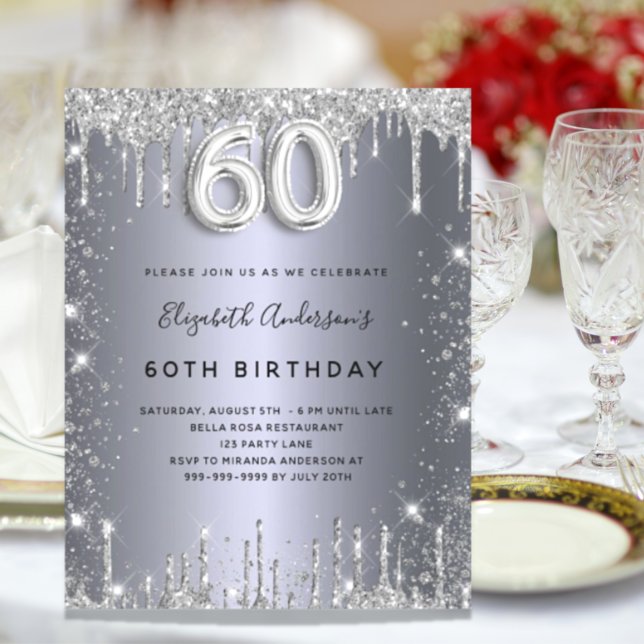 Lámina Invitación del purpurina de plata para 60 cumpleañ (Subido por el creador)