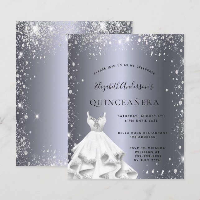 Lámina Invitación del purpurina de ropa de plata de Quinc (Anverso / Reverso)