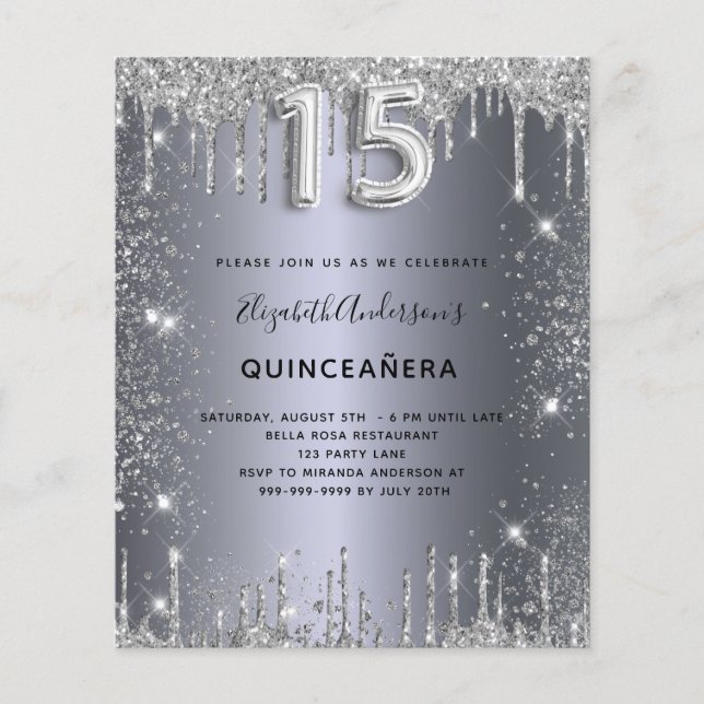 Lámina Invitación del purpurina metalizado de plata de Qu (Anverso)
