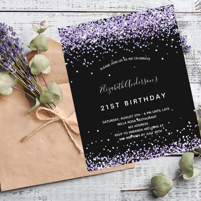 Lámina Invitación del purpurina morado negro de cumpleaño (Subido por el creador)