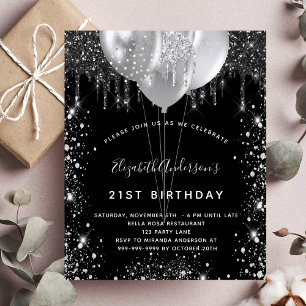 Lámina Invitación del purpurina negro de plata de cumplea