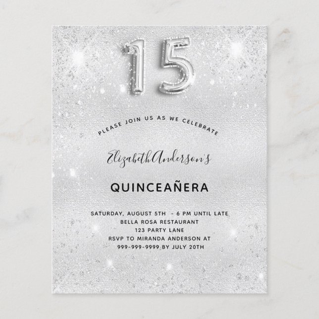 Lámina Invitación del purpurina plateado de Quinceanera (Anverso)