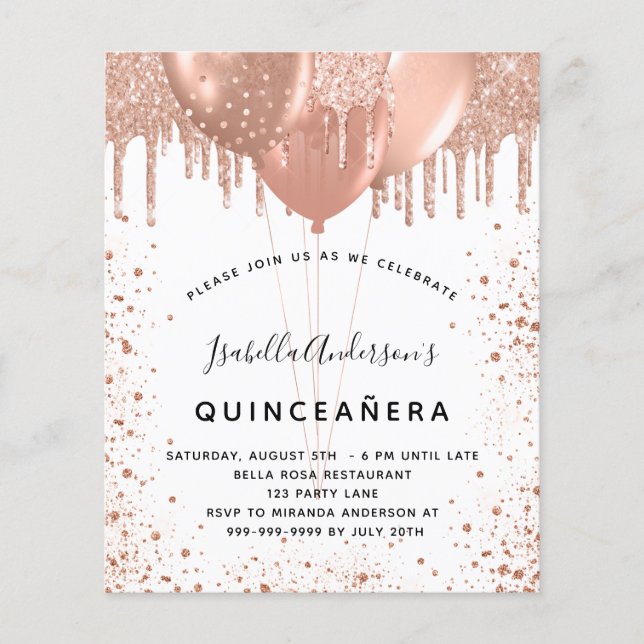 Lámina Invitación del purpurina rosa de oro de Budget Qui (Anverso)
