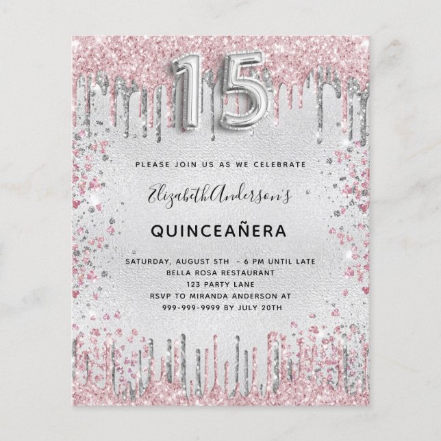 Lámina Invitación del purpurina rosa plateado Quinceanera (Anverso)