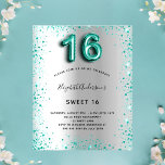 Lámina Invitación del purpurina verde azulado de plata Bu<br><div class="desc">Una invitación moderna,  elegante y glamurosa para una fiesta de 16 y 16 años de chica. Un fondo falso plateado,  decorado con polvo purpurina de color verde azulado. Personalice y agregue su nombre y detalles del fiesta. El número 16 se escribe con un tipo de letra,  guión.</div>