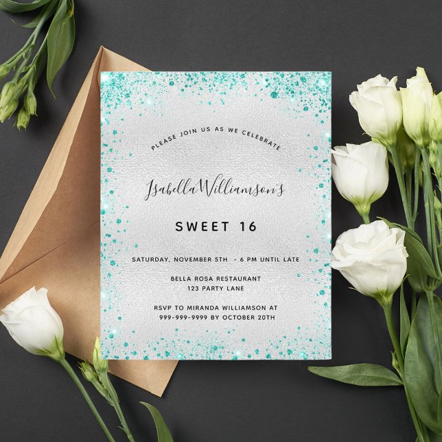 Lámina Invitación del purpurina verde azulado dulce de 16 (Subido por el creador)