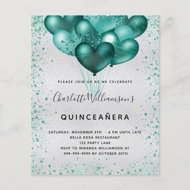 Lámina Invitación del purpurina verde azulado plateado de (Anverso)